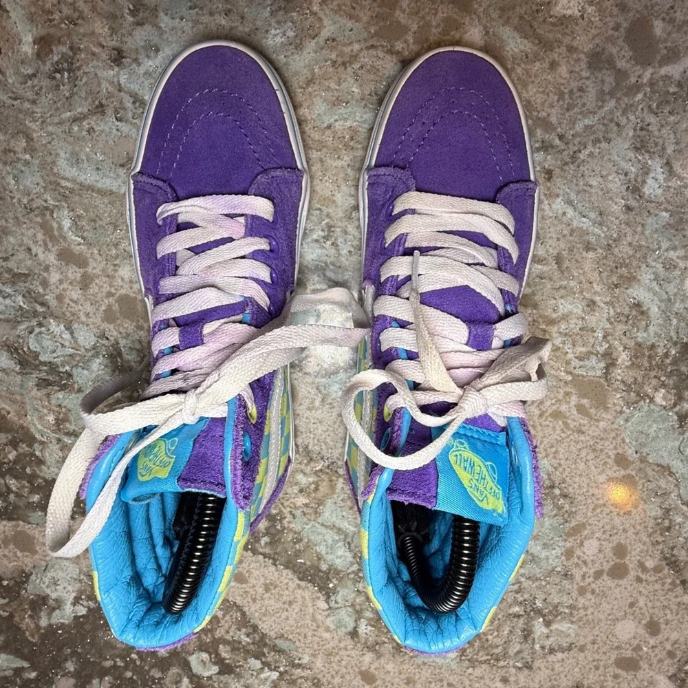 Vans Sk8 Hi Checkerboard Kids High‎ Top Sneakers Purple Yellow Blue Sz 4.5 / 6